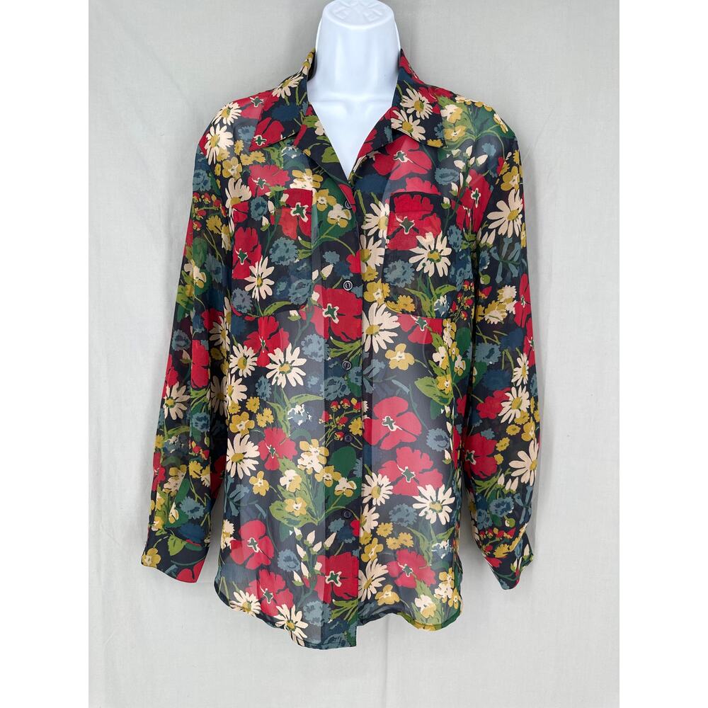 90s Vintage Top Womens Medium Navy Blue Floral Button Sheer Daisy Chiffon Retro
